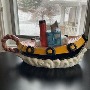 Vintage Jay Wilfred by Sadek Tug Boat Ceramic Tea Pot 10” long